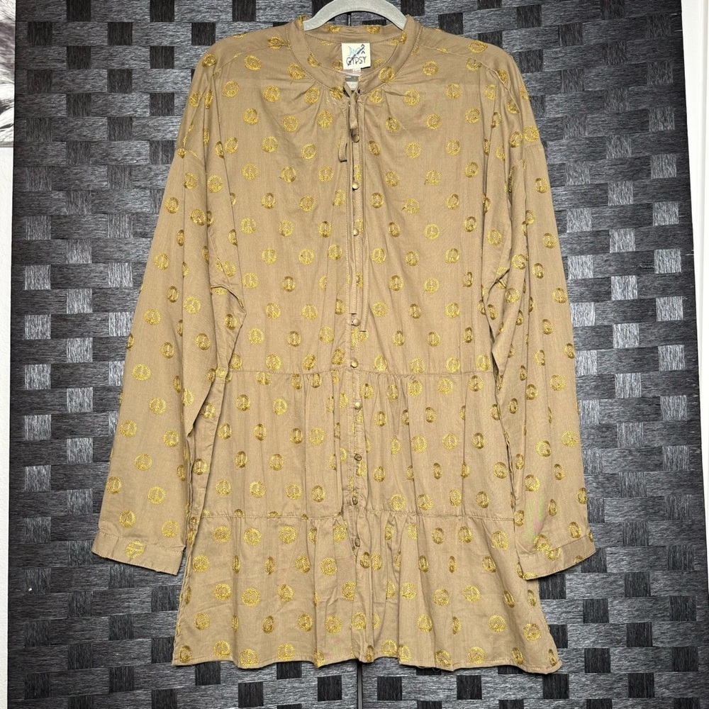 JADED GYPSY Peace Be With You Tunic Button Down Blouse Embroidered Peace Signs - Picture 3 of 7